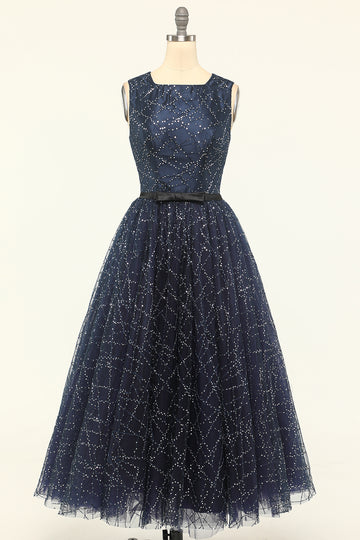 Glitter Navy Tulle Formal Dress